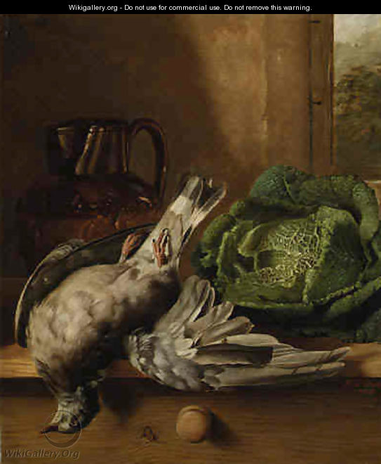 Still Life of Game, Copper Urn and Cabbage on a Wooden Ledge - Henry George Todd