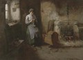 Knitting socks, a mother and baby in a kitchen interior - Henry John Dobson