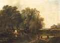 A wooded Landscape with a Boy fishing and Cattle watering by a Pool - Henry John Boddington