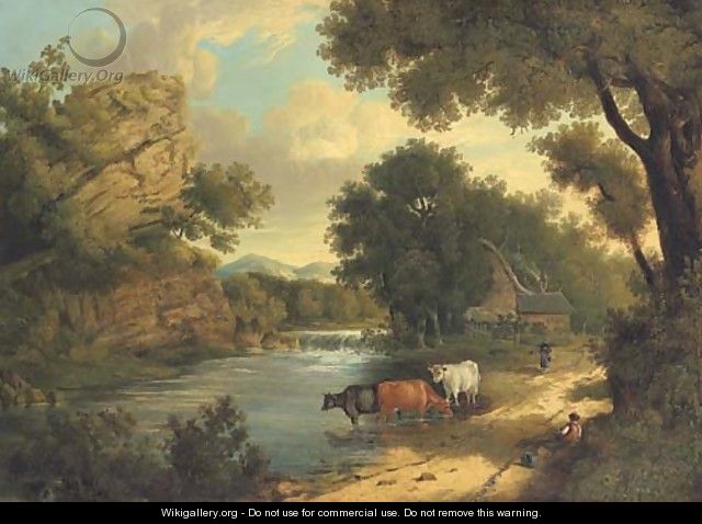View near Knaresborough, with cattle and figures by a river - Henry Ladbrooke