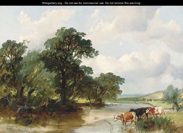 Cattle watering in a wooded river landscape - Henry Jutsum
