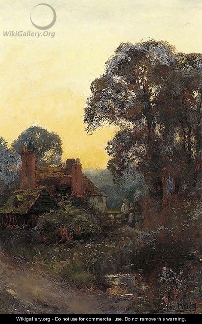 Figures by a cottage at sunset - Henry John Yeend King