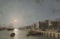 View of the Thames by moonlight, towards London Bridge, with the Tower of London and Traitors' Gate in the foreground - Henry Pether