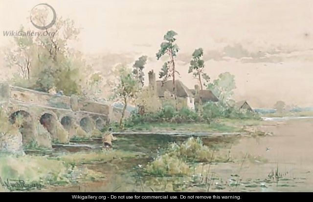 Fly fishing by a bridge - Henry Maurice Page