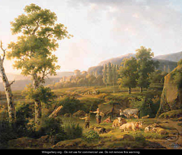 A shepherdess conversing with an angler on a river bank - Hendrik van Anthonissen