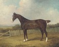 A dark brown horse in a landscape - Henry Bernard Chalon