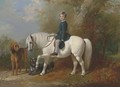 Master Beresford Lowndes on his pony with two dogs at the edge of a wood - Henry Barraud