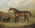 The Sligo Waxy, a bay racehorse, with a Manchester terrier, in a field - Henry Bernard Chalon