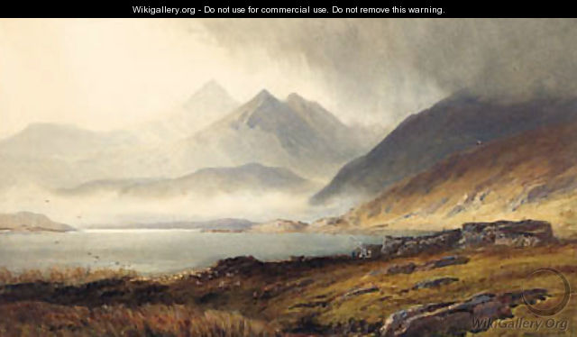 Loch and Broch and Hills in misty background - Henry Andrew Harper