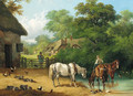 A boy watering horses in a farmyard - Charles and Henry Shayer