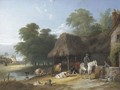 Figures and livestock by a riverside farmhouse - Charles and Henry Shayer