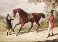 A huntsman and his groom with a saddled bay hunter, the meet beyond - Henry Thomas Alken