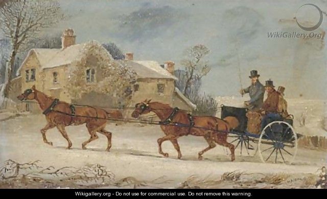 A horse and coach driving through the snow - Henry Thomas Alken