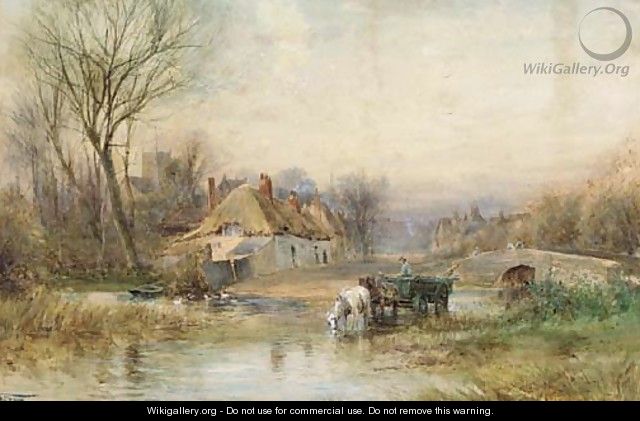 Horses pulling cart watering in a river by a rural village - Henry Charles Fox
