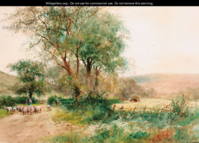 A shepherd driving sheep down a country lane with the harvesters beyond - Henry Charles Fox