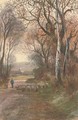 A shepherd and his flock wandering down a rural lane - Henry Charles Fox