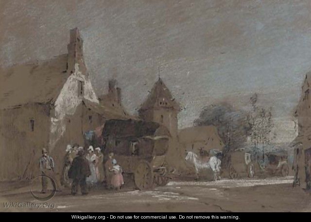 Figures disembarking from a carriage in a French village - Henry Bright