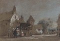 Figures disembarking from a carriage in a French village - Henry Bright