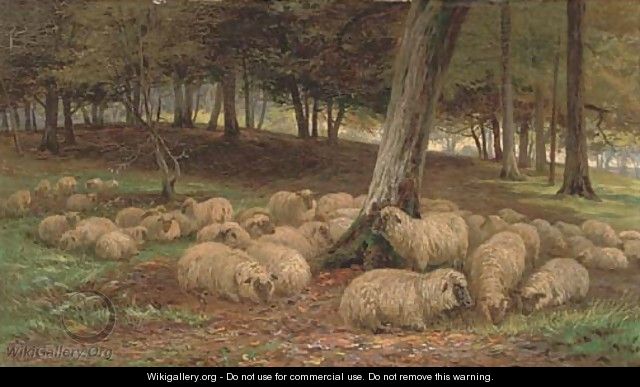 A flock of sheep in a woodland - Henry Garland