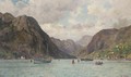 Fishing boats lying on their moorings in a Norwegian fjord - Henry Enfield