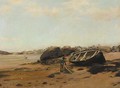 A French coastal scene with fishermen on the beach - Henri Louis Saintin