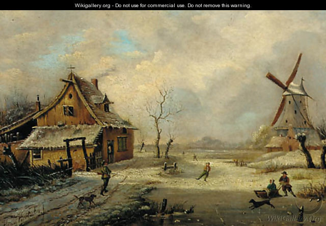 Figures in a frozen winter landscape with a windmill beyond - Henri Voordecker