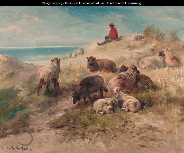 A shepherd and flock resting in the dunes - Henri Schouten