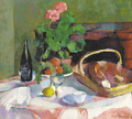 Un geranium en pot avec des fruits, du pain et une bouteille de vin sur la table - Henri Ottmann