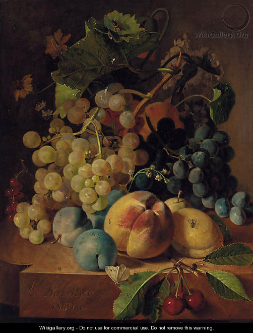 Grapes, peaches, plums and cherries on a marble ledge - Henri Nardeux