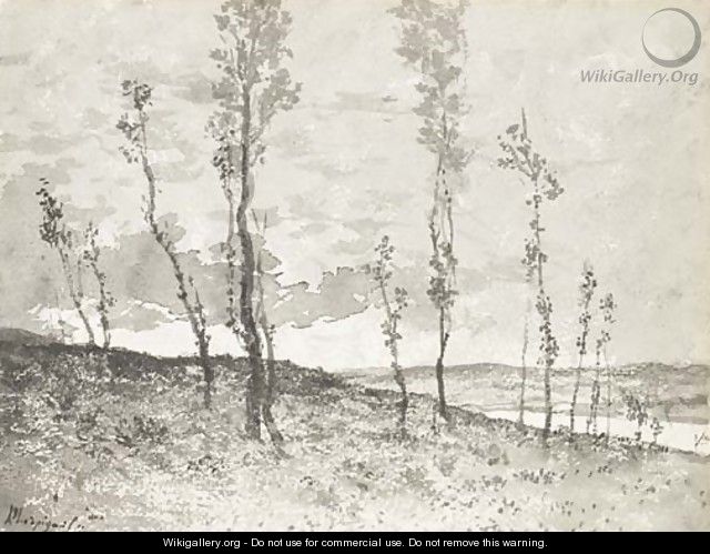 An extensive landscape seen through an avenue of poplar trees - Henri-Joseph Harpignies