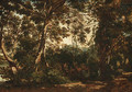 A wooded forest with a town beyond - Henri-Joseph Harpignies