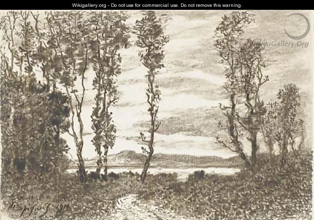 A path through a wood leading to a lake, hills in the distance - Henri-Joseph Harpignies