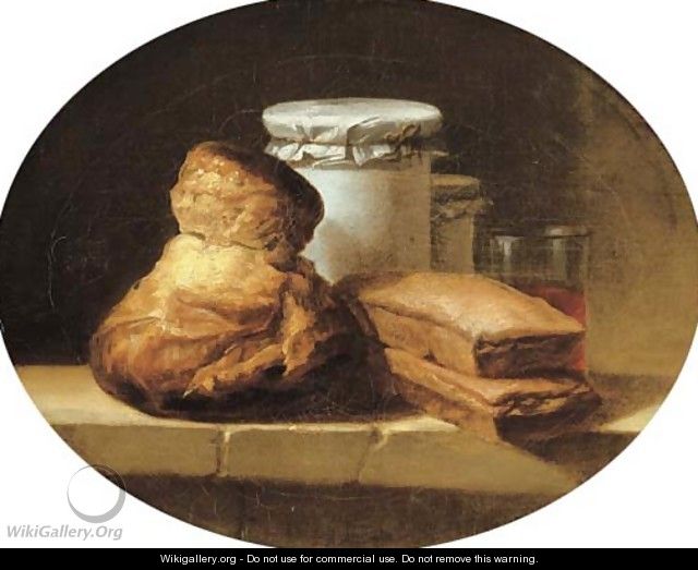 A brioche, two pastries, two covered jars and a glass of red wine on a stone ledge - Henri-Horace Roland de la Porte