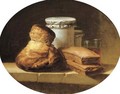 A brioche, two pastries, two covered jars and a glass of red wine on a stone ledge - Henri-Horace Roland de la Porte