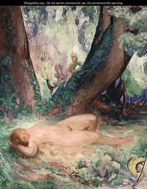 Femme nue allong dans le jardin avec Satyr (Reclining Nude in the Garden with a Satyr) - Henri Lebasque