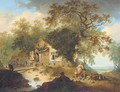 A wooded river landscape with peasants resting by a cottage - Hendrik Meijer