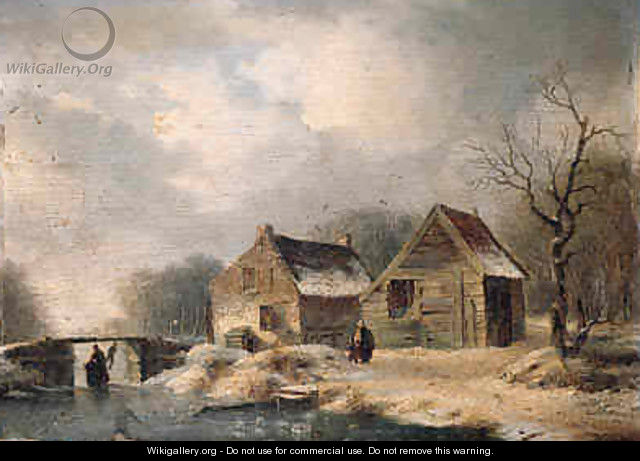 A wooded winter landscape with peasants walking along a frozen waterway by a cottage - Hendrik Manfred Haus