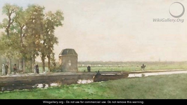 Het theekoepeltje van Cromvliet te Rijswijk a pavilion along a canal - Johan Hendrik Weissenbruch