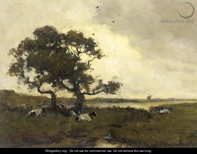Cattle resting under a tree in a polder landscape - Johan Hendrik Weissenbruch