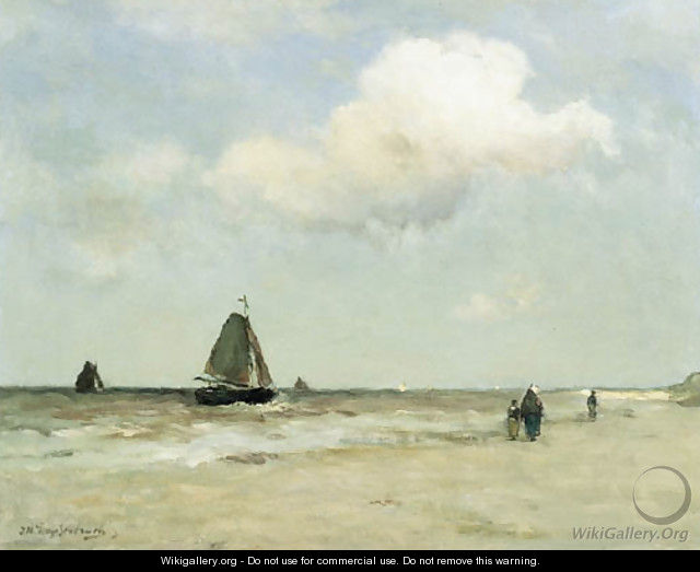 Bomschuiten at sea on a cloudy day - Johan Hendrik Weissenbruch