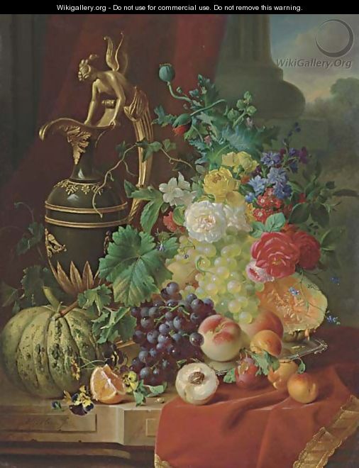 A Still Life with Peaches, Oranges, Melon, Roses and an Ewer on a stone Ledge - Jan Hendrik Verheijen