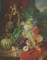 A Still Life with Peaches, Oranges, Melon, Roses and an Ewer on a stone Ledge - Jan Hendrik Verheijen
