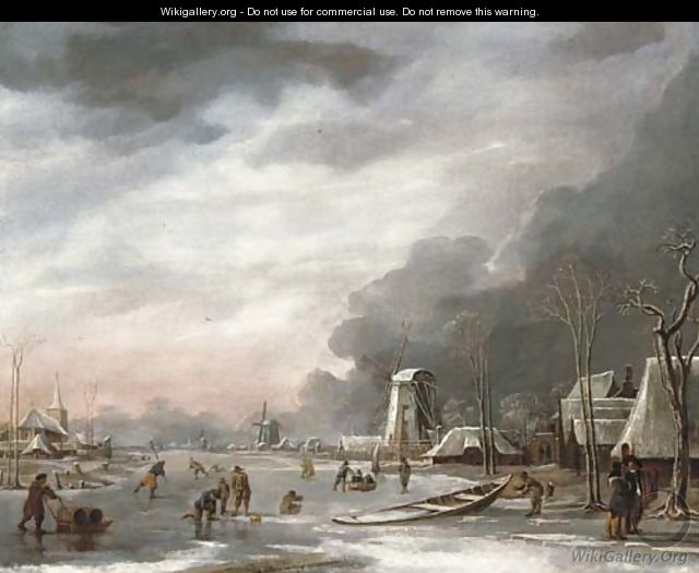 A winter landscape with villagers sledging on a frozen lake, a church beyond - Hendrik Jakobsz. Dubbels