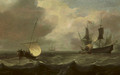Sailing vessels in a stiff breeze with a man o'war firing a salute - Hendrik Jakobsz. Dubbels