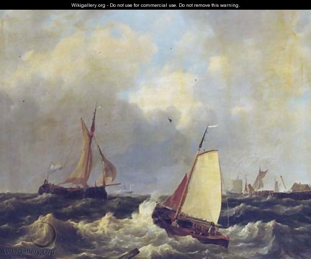 Sailing on choppy waters by a coast - Hendrik Jacob Elzer