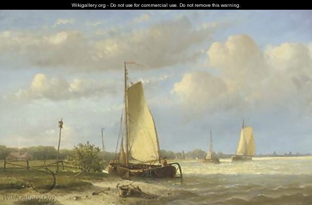 Sailing barges on a river; Vessels on a calm river - Hendrik Hulk