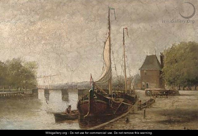 A Dutch canal with barges, near Haarlem - Hendrik Hulk