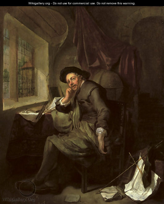 A scholar seated at his writing desk in an interior, books and documents in the foreground - Hendrick Heerschop or Herschop