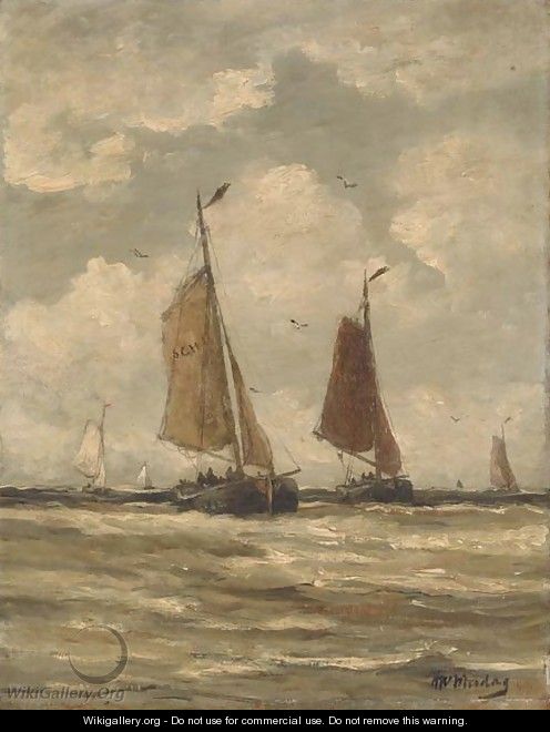 Bomschuiten at sea, Scheveningen - Hendrik Willem Mesdag