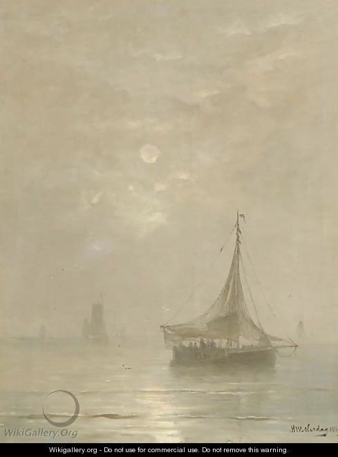 A calm bomschuiten at sea on a hazy afternoon - Hendrik Willem Mesdag